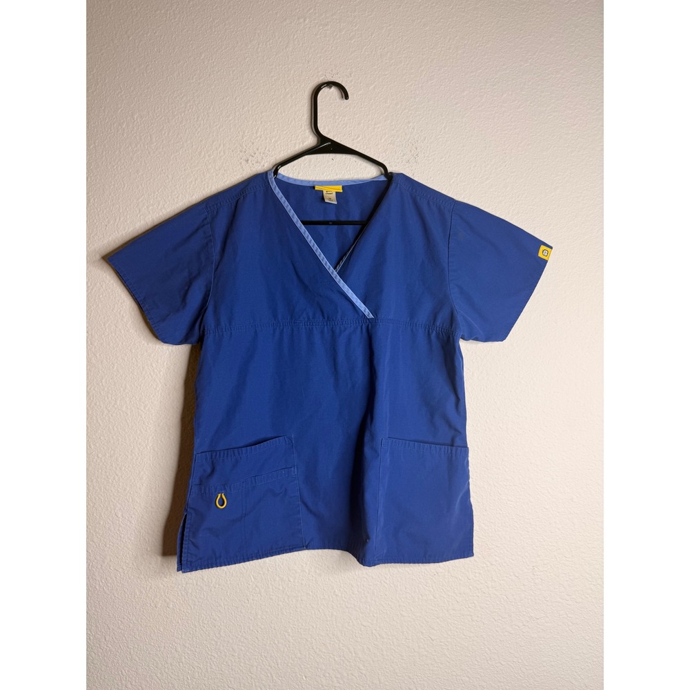 WonderWink Scrub Top Women Nursing Hospital Mock Wrap V-Neck Pockets Medium Blue